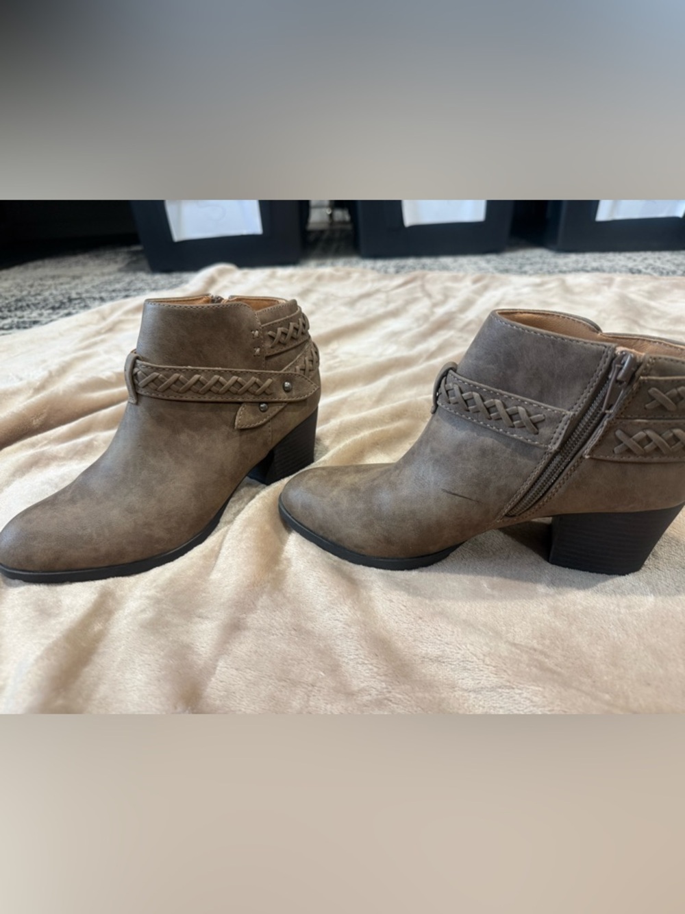Womens Taupe Braided Strap Ankle Booties